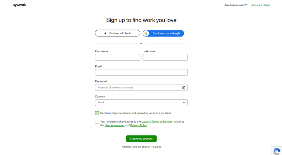 upwork criar conta